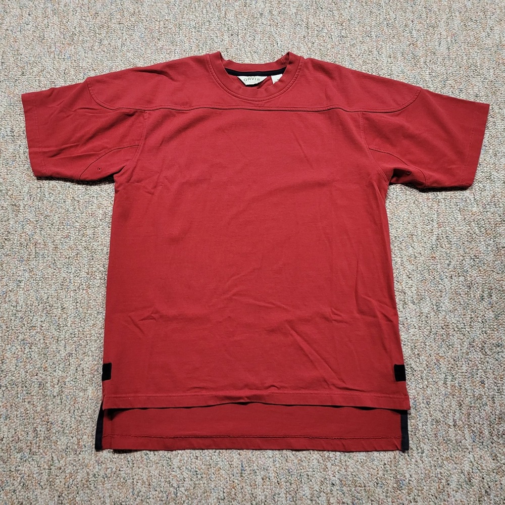 Orvis T-Shirt Mens Medium Red Short‎ Sleeve Cotton Football Yoke Split Hem Tee